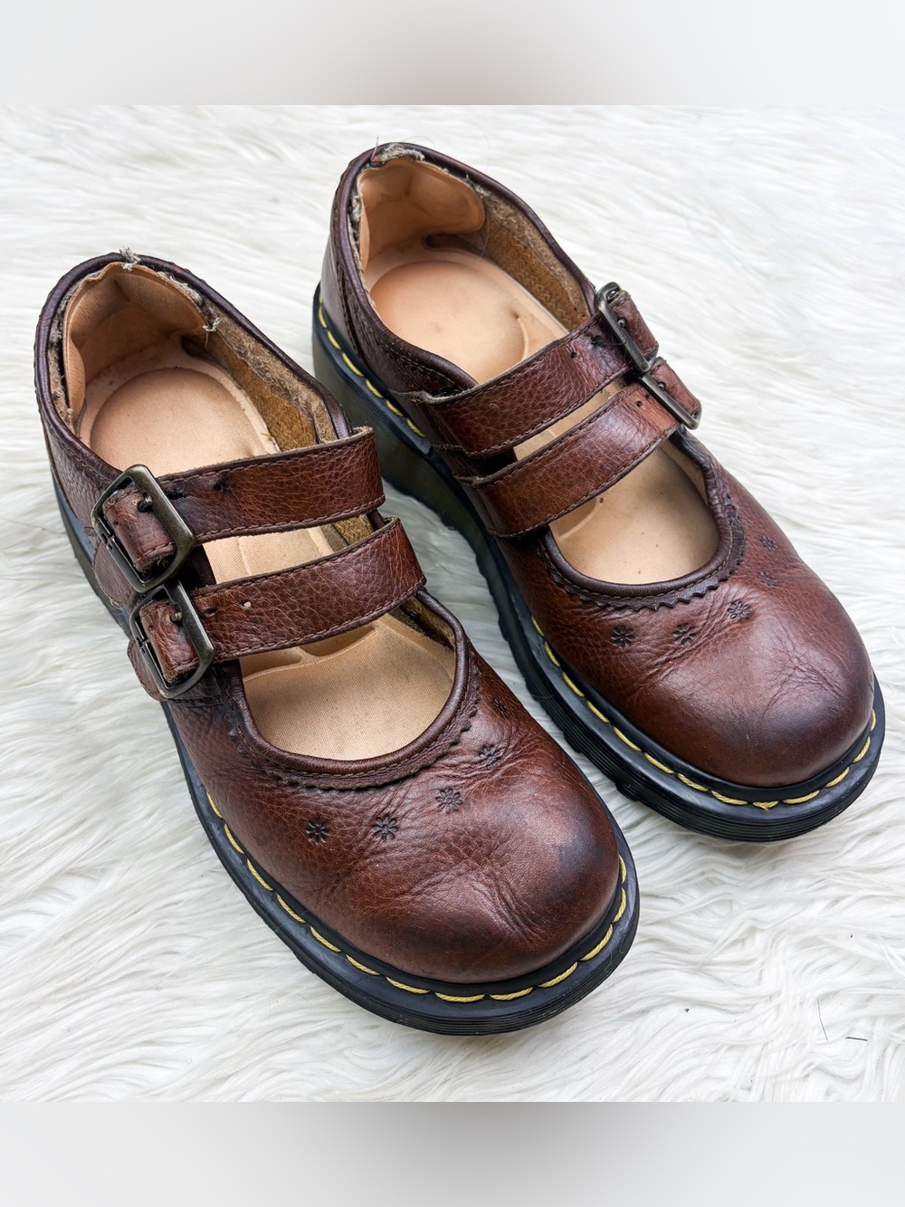 Dr. Martens Vintage Double Strap Flower Mary Jane Crazy Horse Leather Brown 10